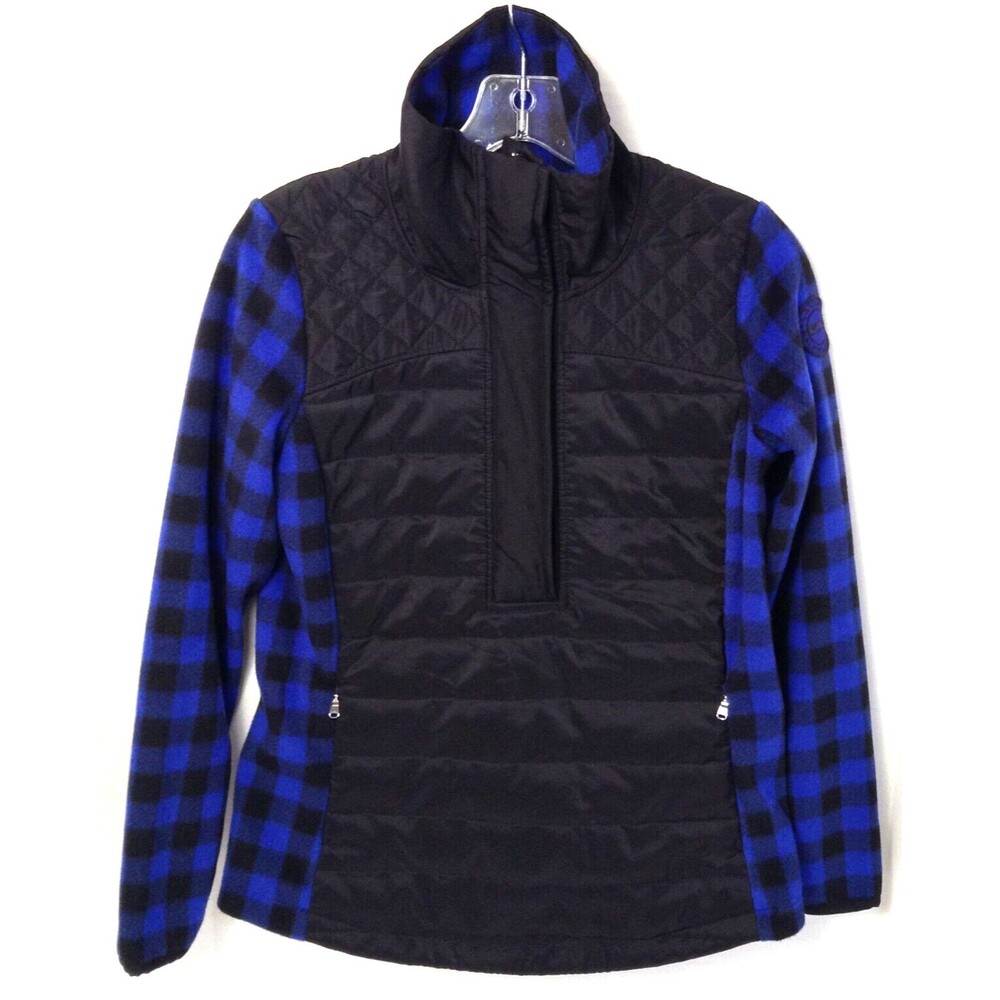 L-RL Lauren Active Jacket Wm PS Blue Black Check 1/2 Zip Quilted Fleece Outdoors